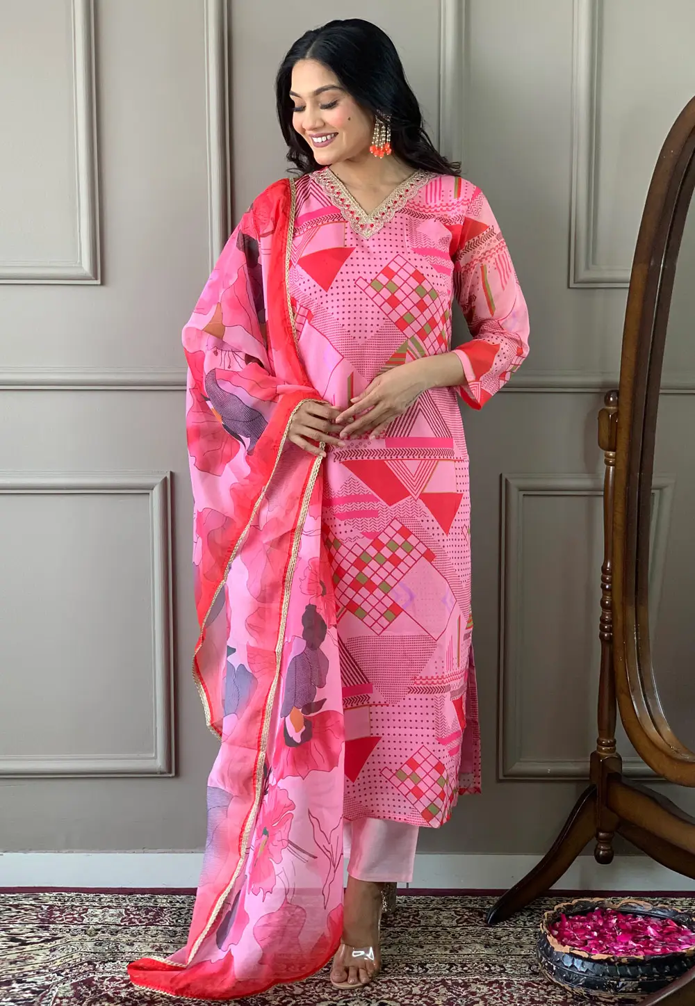 Pink Viscose Readymade Pant Style Suit 295578