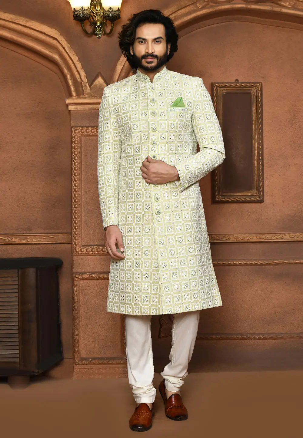 Pista Green Art Silk Achkan Style Sherwani 295461