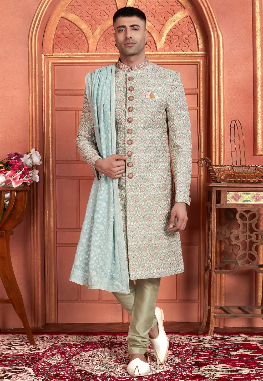 Pista Green Art Silk Achkan Style Sherwani With Stole 291300