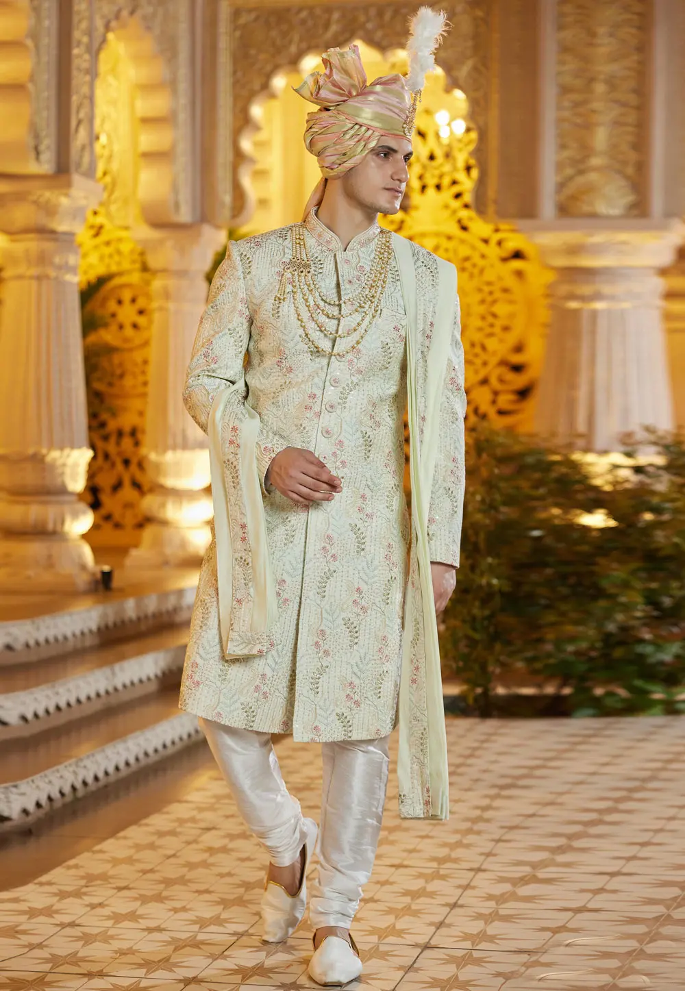 Pista Green Art Silk Achkan Style Sherwani With Stole 304327