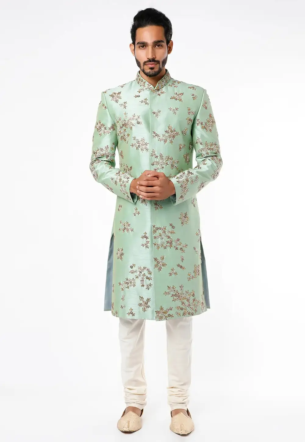 Pista Green Art Silk Indo Western Sherwani 300173