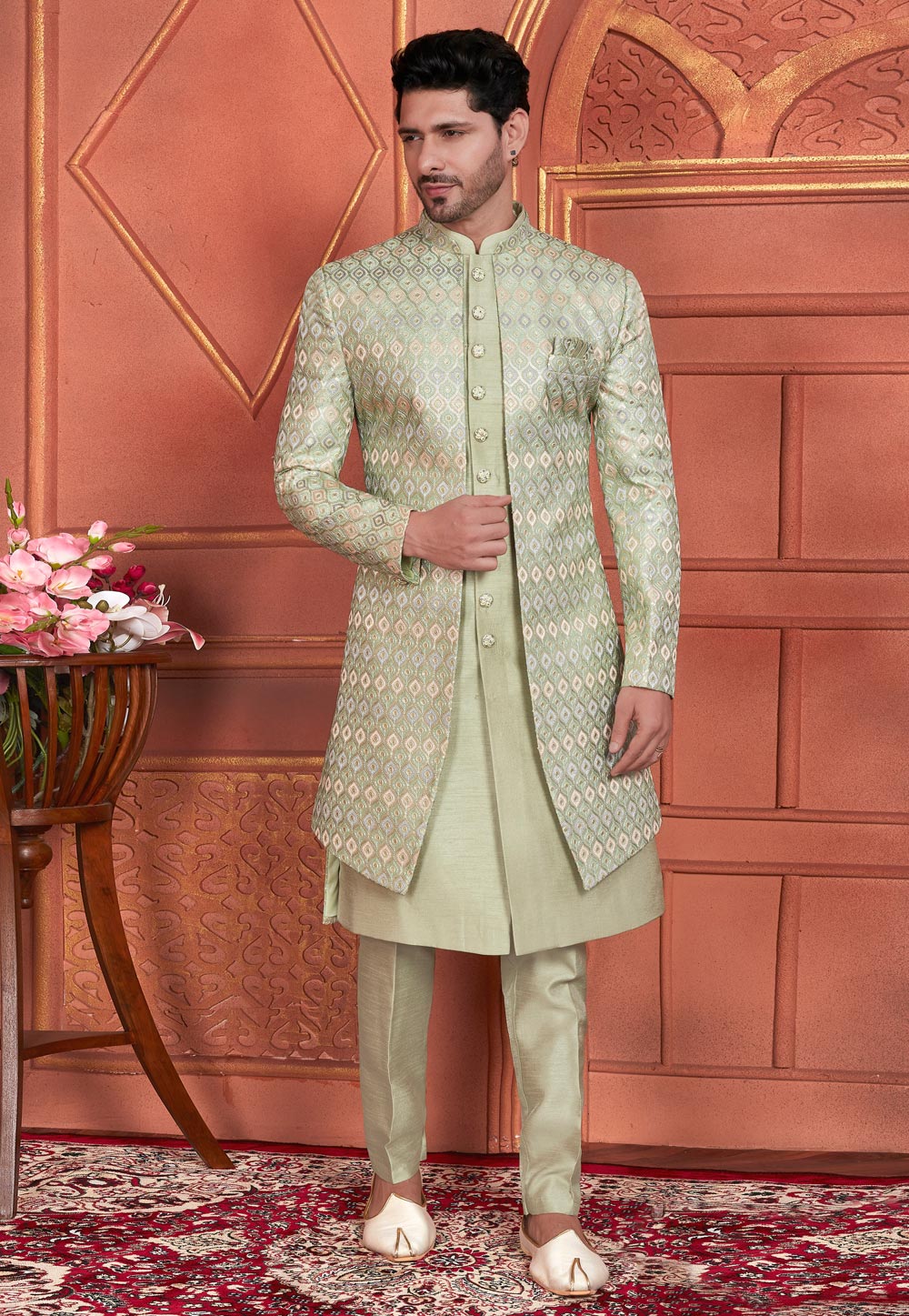 Pista Green Art Silk Indo Western Suit 285734