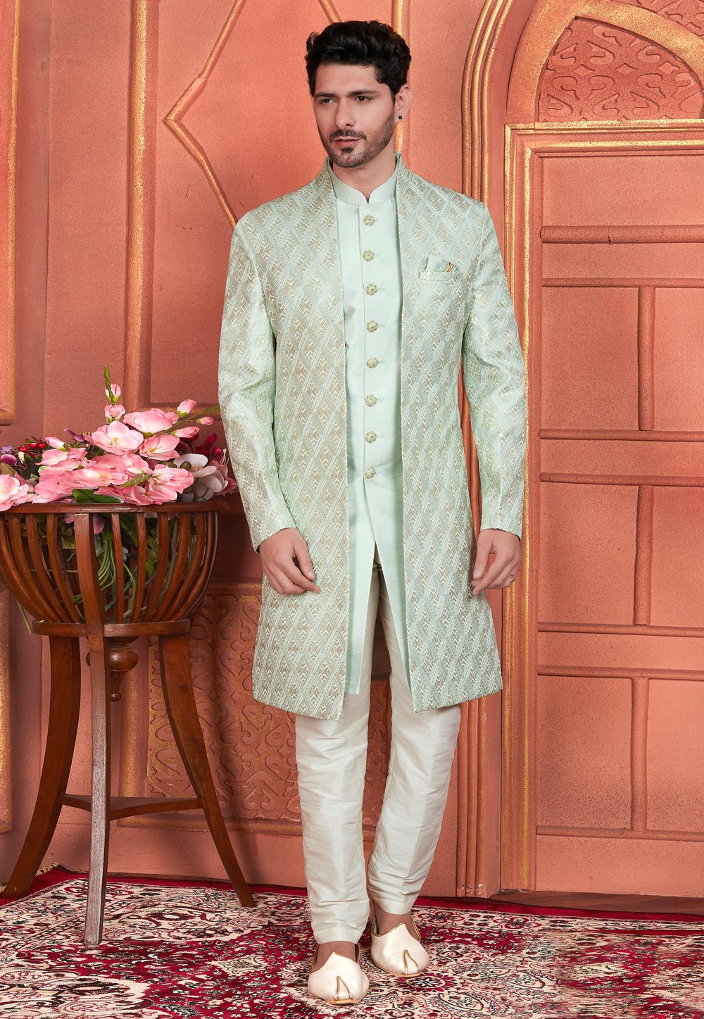 Pista Green Art Silk Indo Western Suit 285738