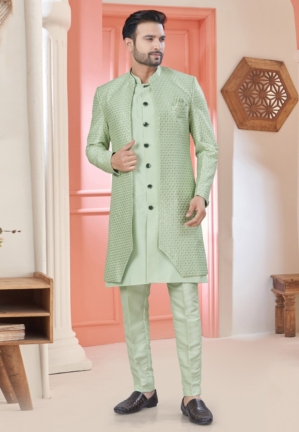 Pista Green Art Silk Jacket Style Sherwani 304929