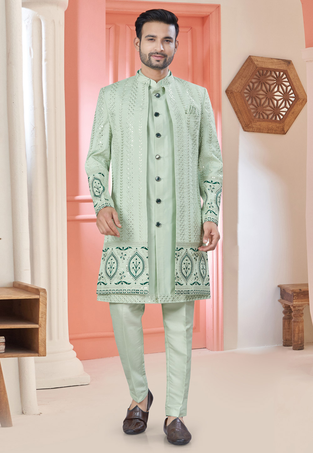 Pista Green Art Silk Jacket Style Sherwani 304934