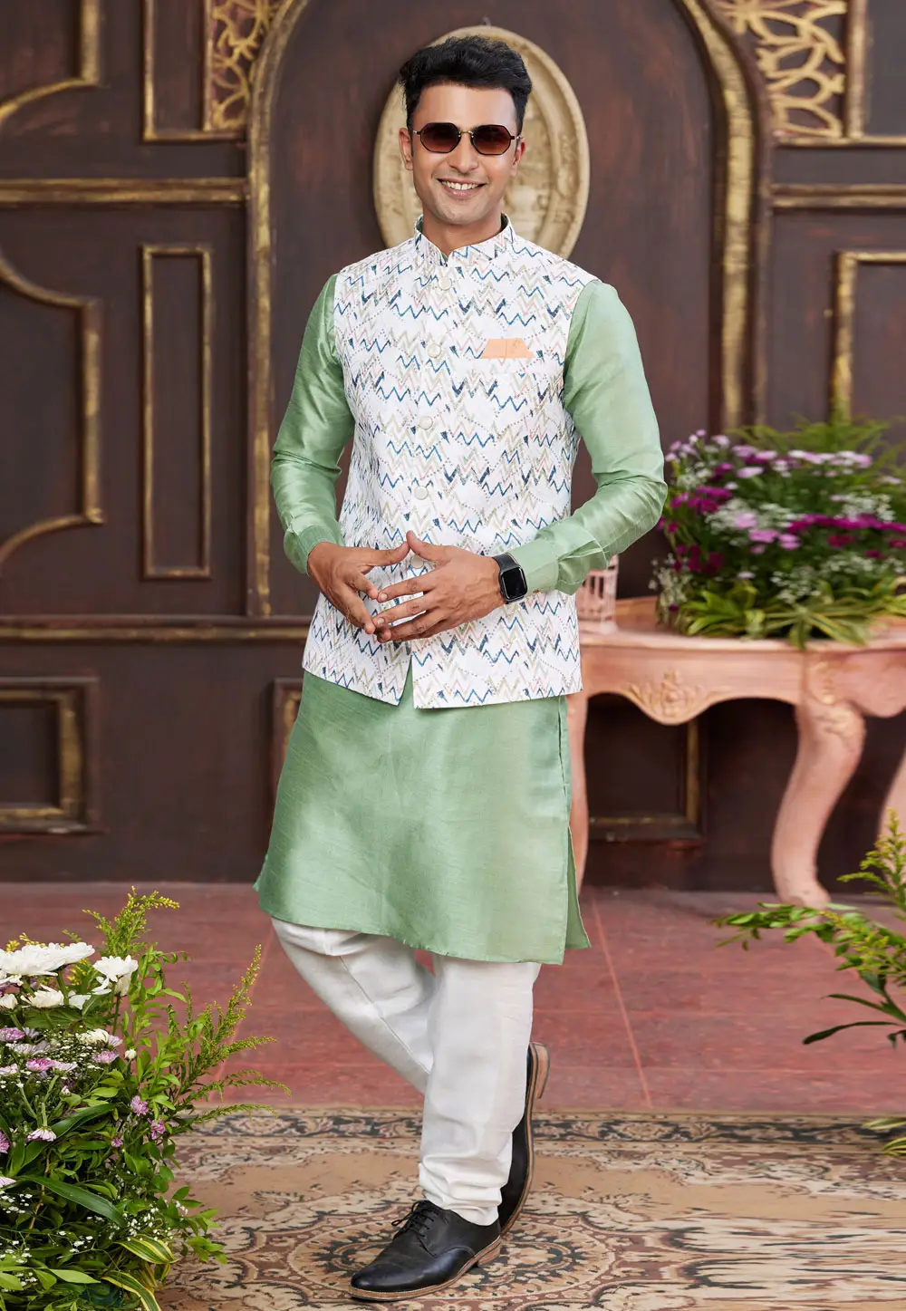 Pista Green Art Silk Kurta Pajama With Jacket 295227