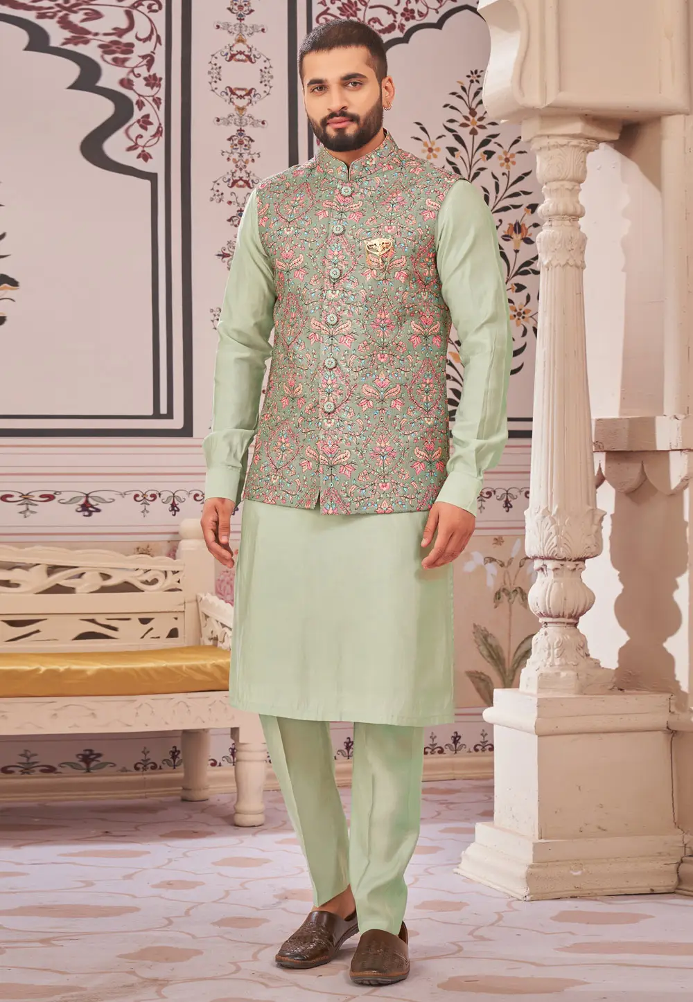 Pista Green Art Silk Kurta Pajama With Jacket 296618