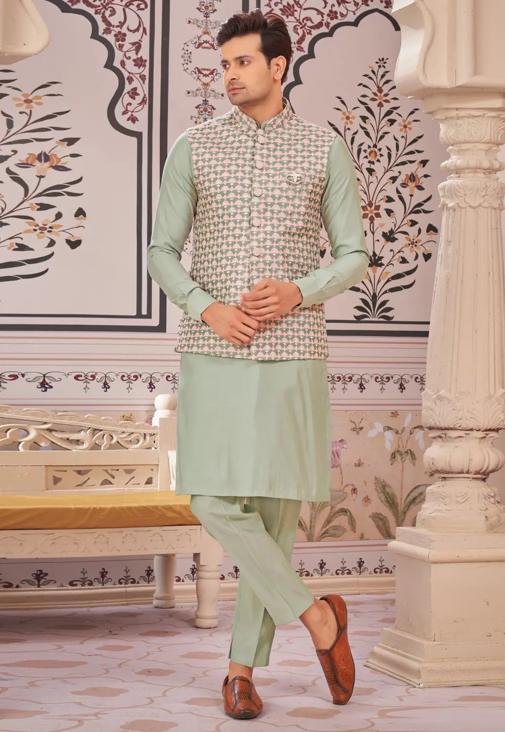 Pista Green Art Silk Kurta Pajama With Jacket 296622