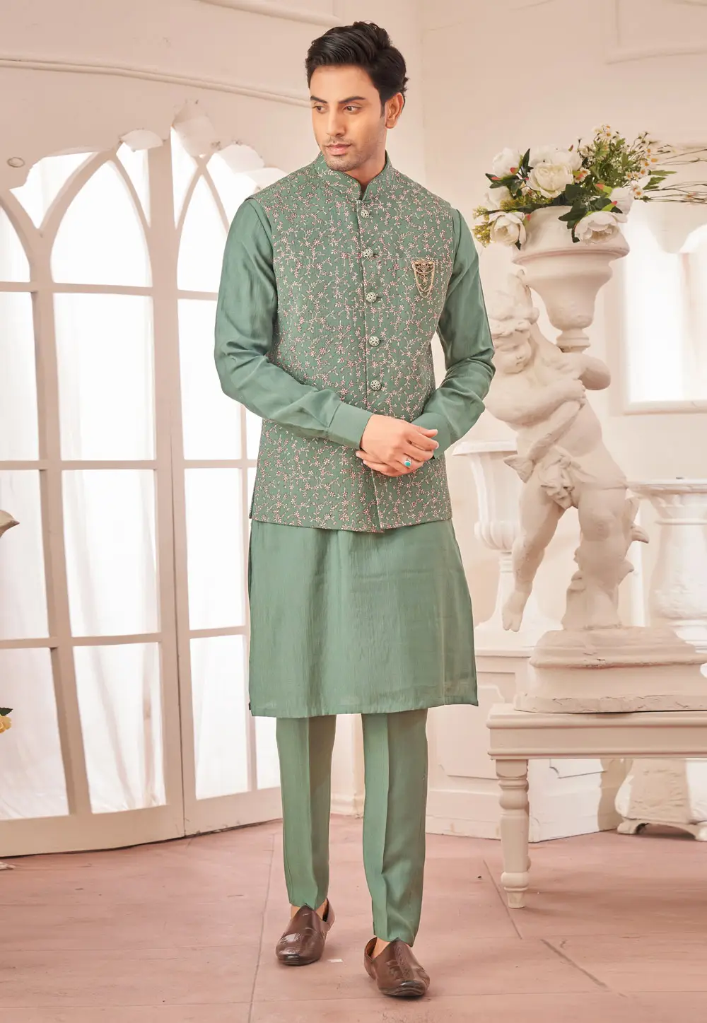 Pista Green Art Silk Kurta Pajama With Jacket 296632