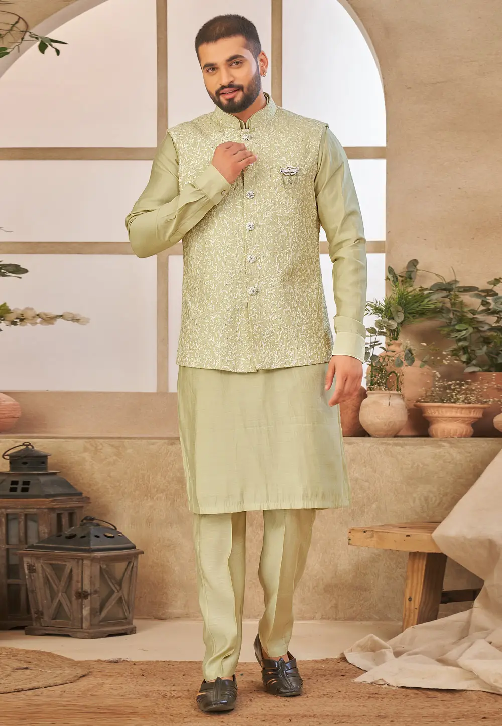 Pista Green Art Silk Kurta Pajama With Jacket 296649