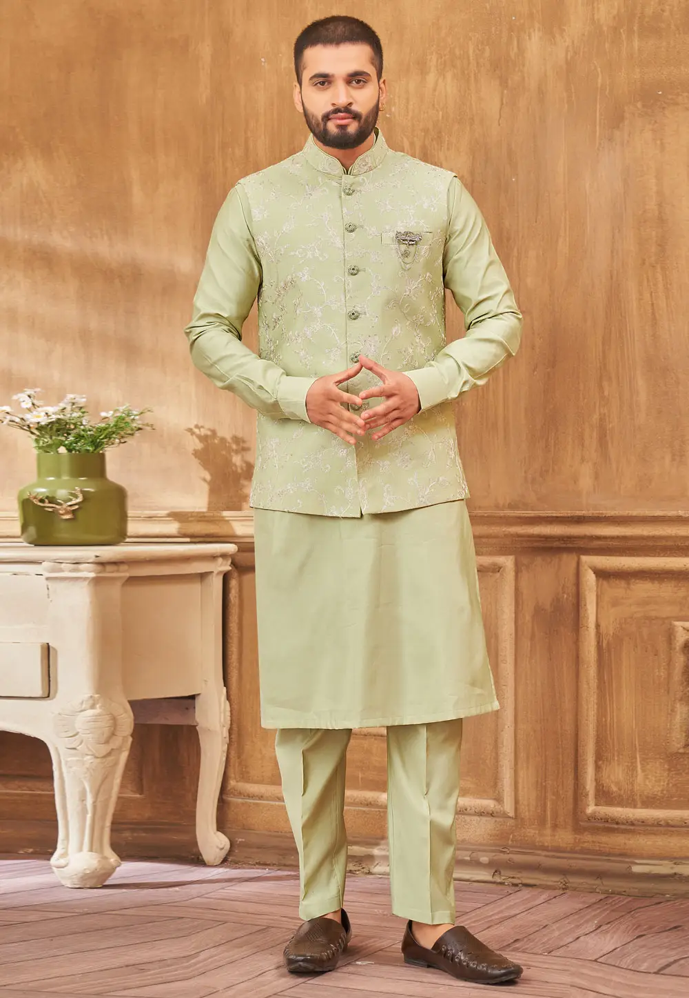 Pista Green Art Silk Kurta Pajama With Jacket 296664