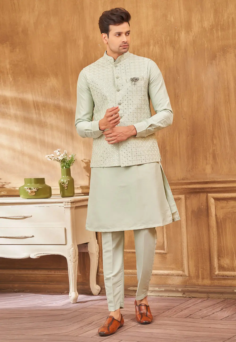 Pista Green Art Silk Kurta Pajama With Jacket 296688