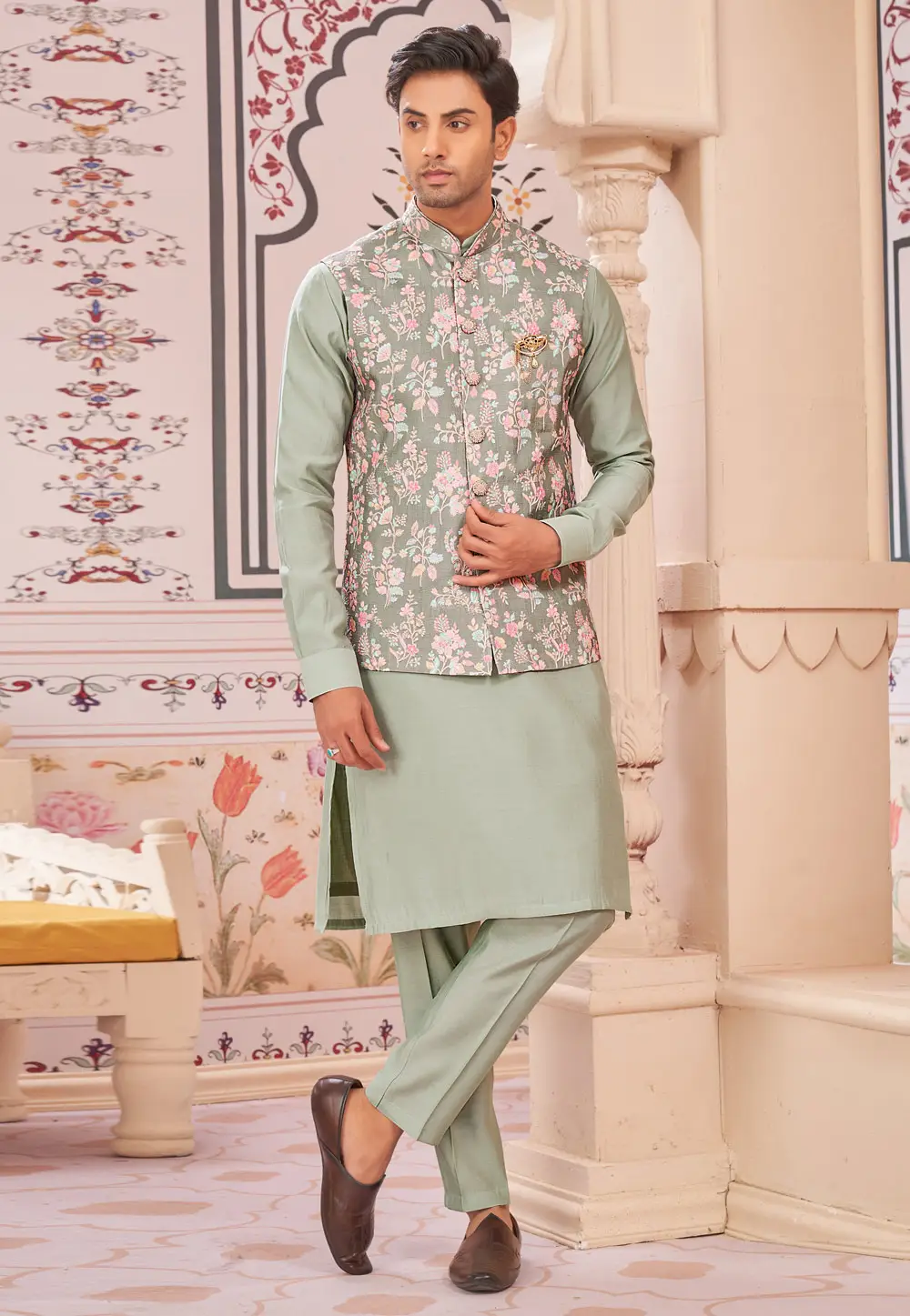 Pista Green Art Silk Kurta Pajama With Jacket 296707