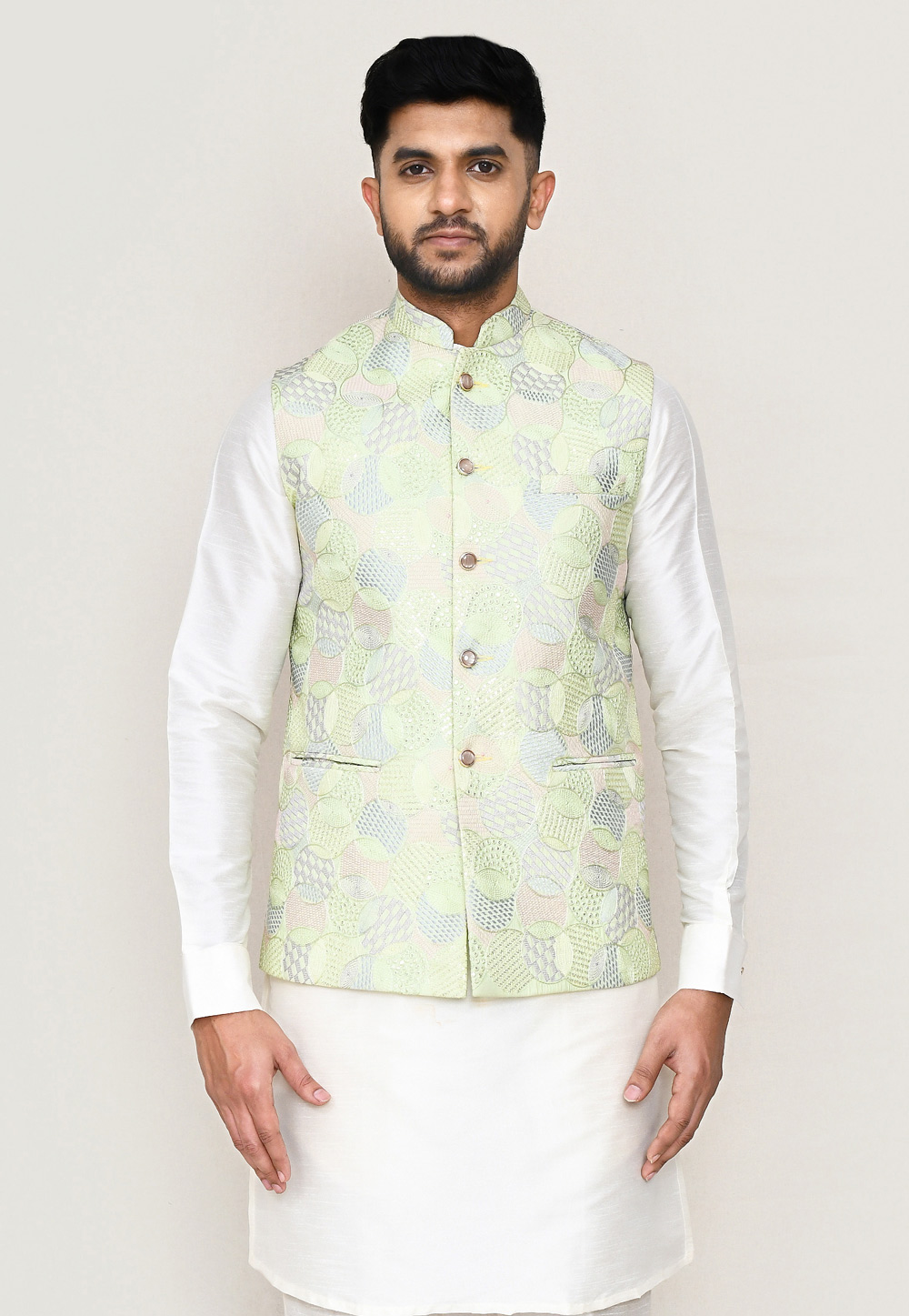 Pista Green Art Silk Nehru Jacket 306055