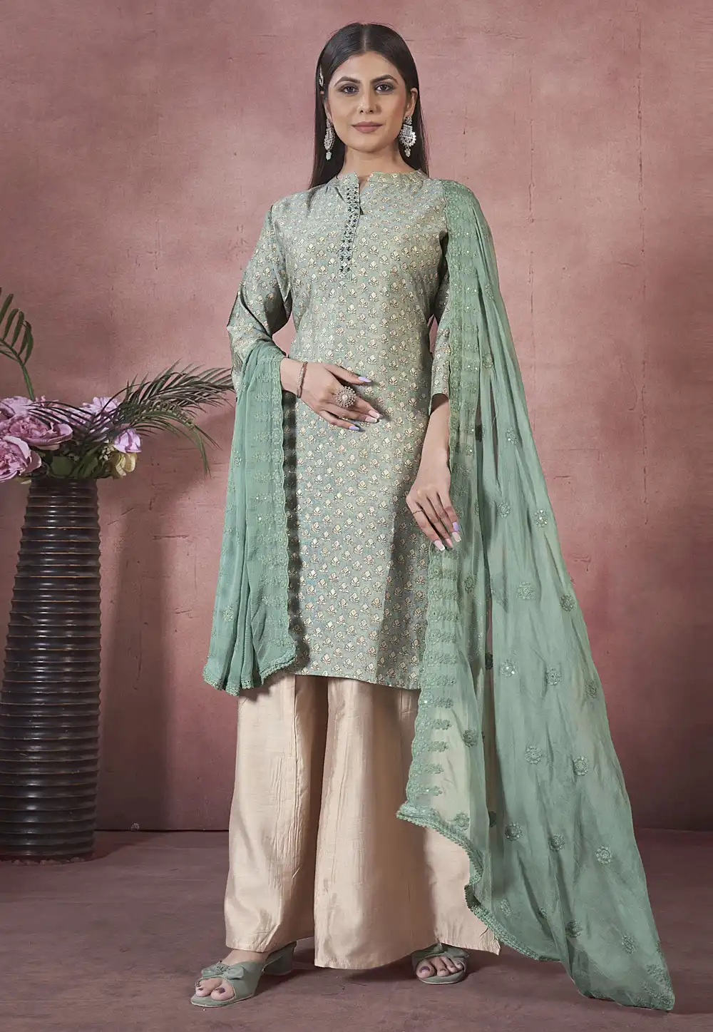 Pista Green Art Silk Readymade Palazzo Suit 291156