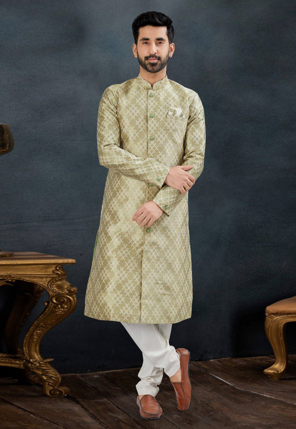 Pista Green Banarasi Jacquard Indo Western Suit 282503