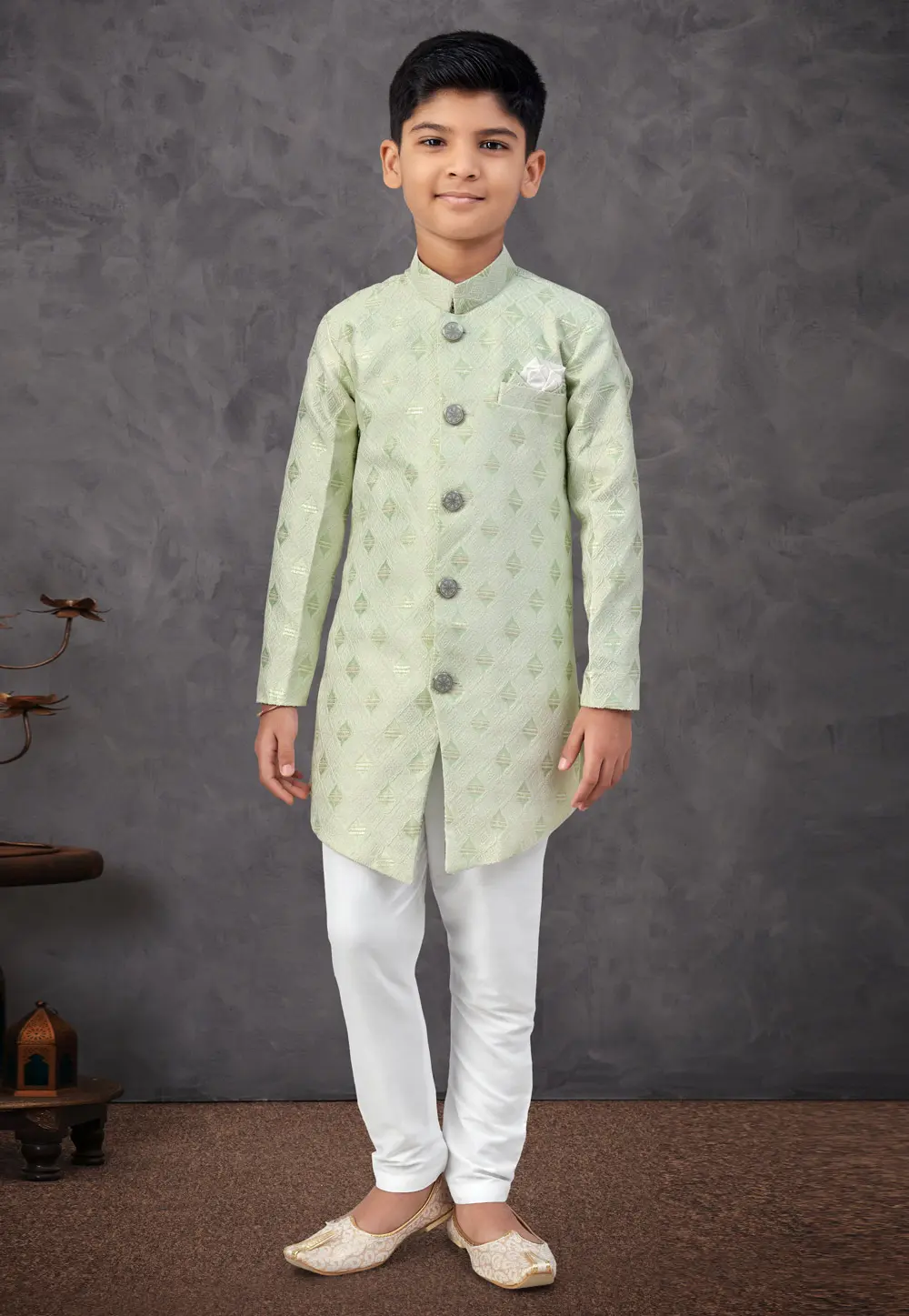 Pista Green Banarasi Jacquard Kids Indo Western Sherwani 303773