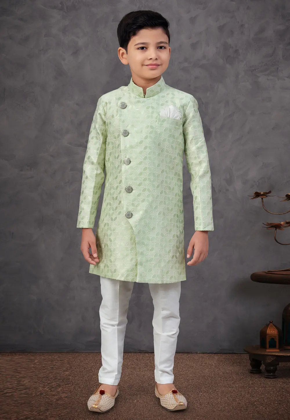 Pista Green Banarasi Jacquard Kids Indo Western Sherwani 303778