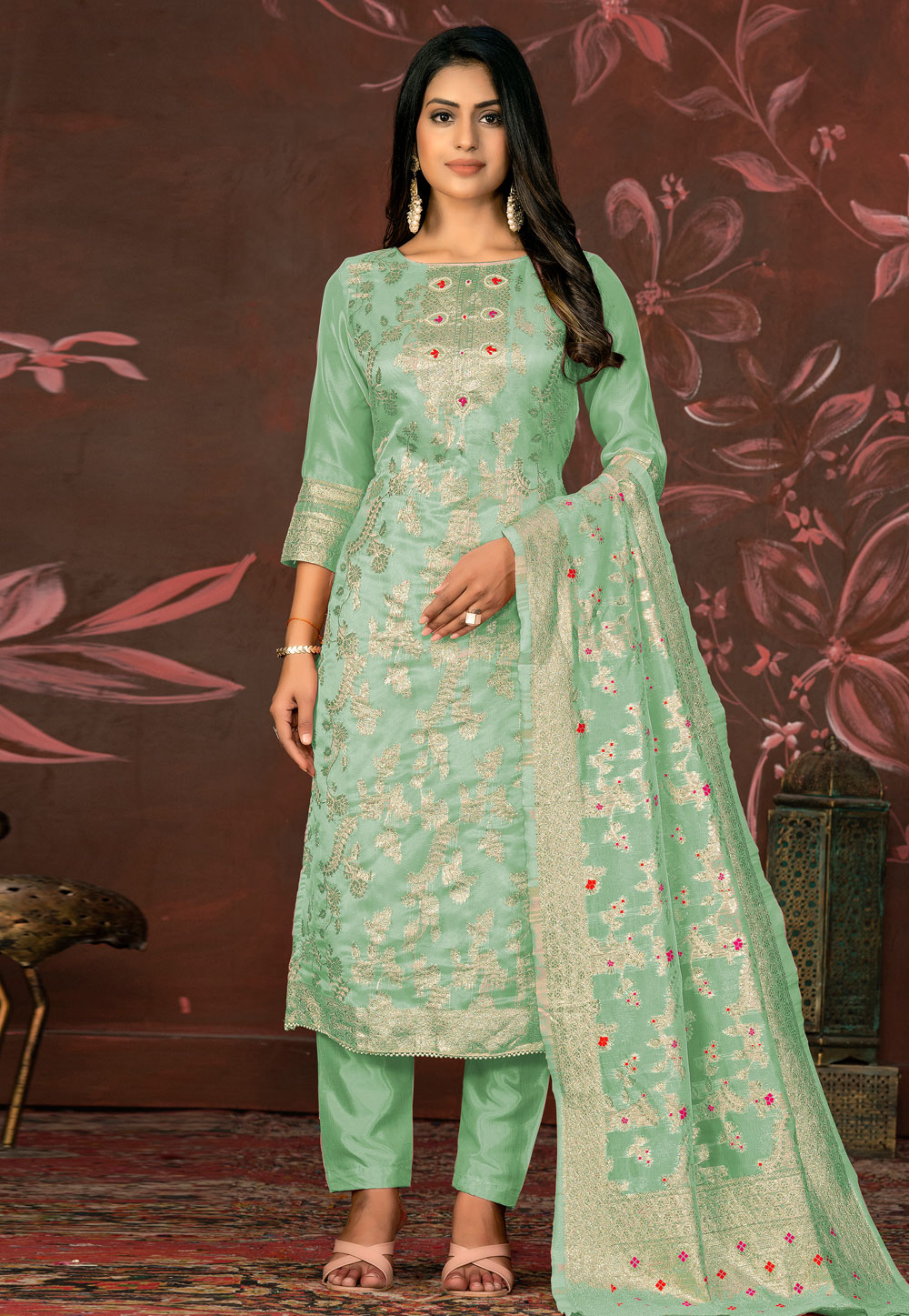 Pista Green Banarasi Pakistani Suit 281234