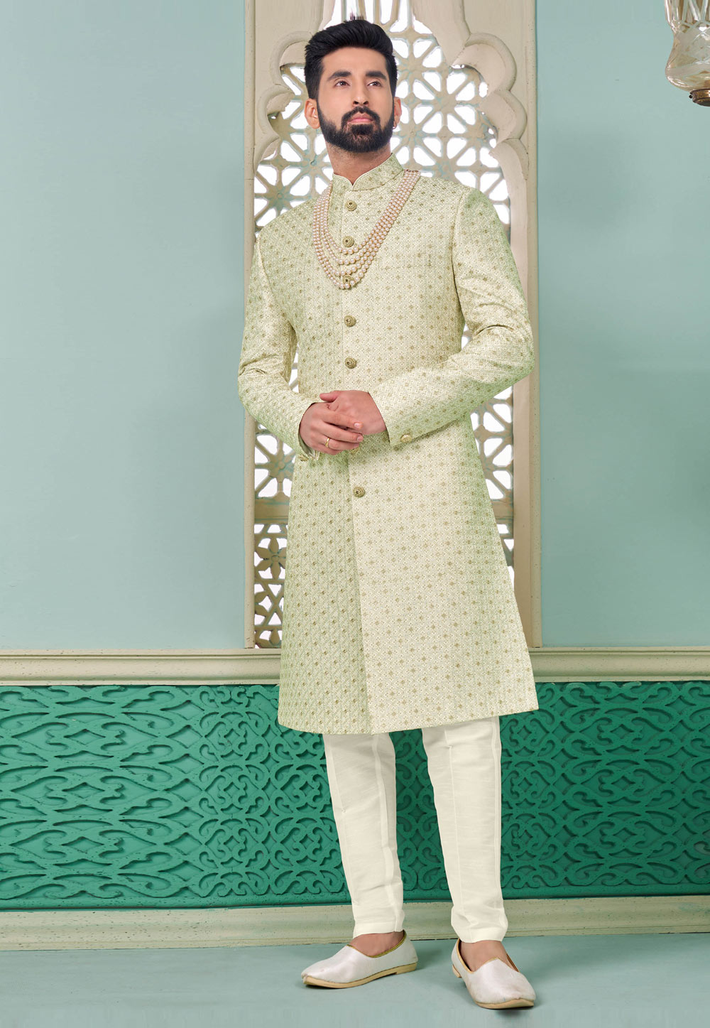 Pista Green Banarasi Silk Achkan Style Sherwani 285360