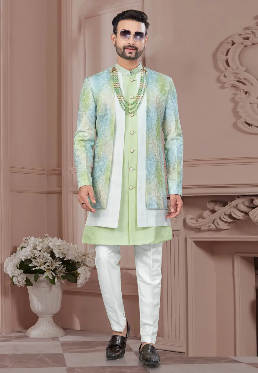 Pista Green Banarasi Silk Indo Western Suit 295648