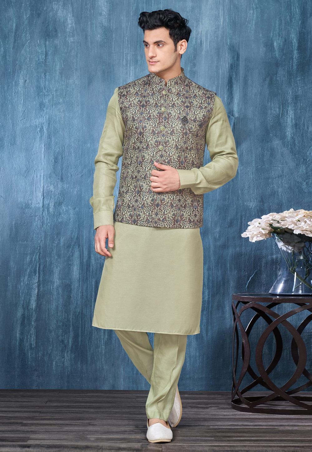 Pista Green Banarasi Silk Kurta Pajama With Jacket 278245