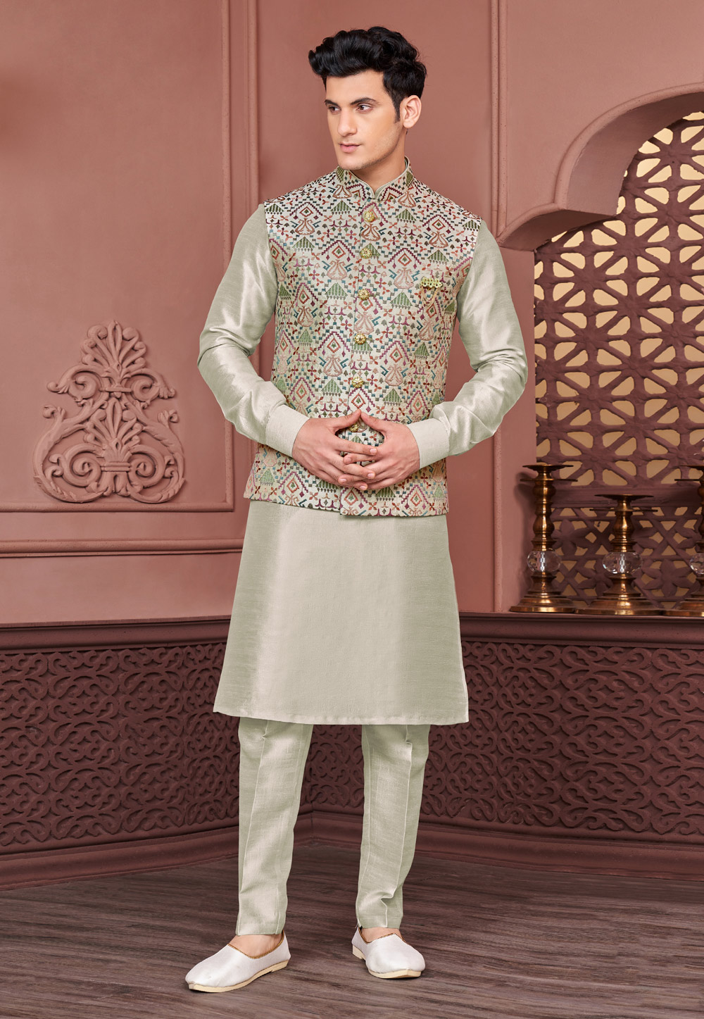 Pista Green Banarasi Silk Kurta Pajama With Jacket 278253