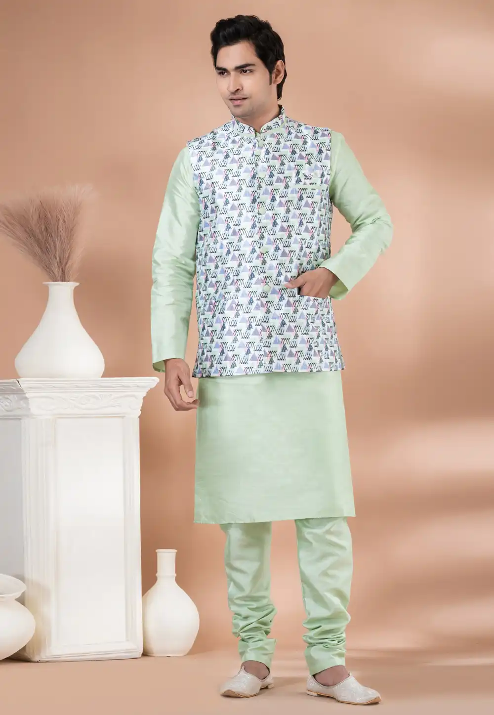 Pista Green Banarasi Silk Kurta Pajama With Jacket 288686