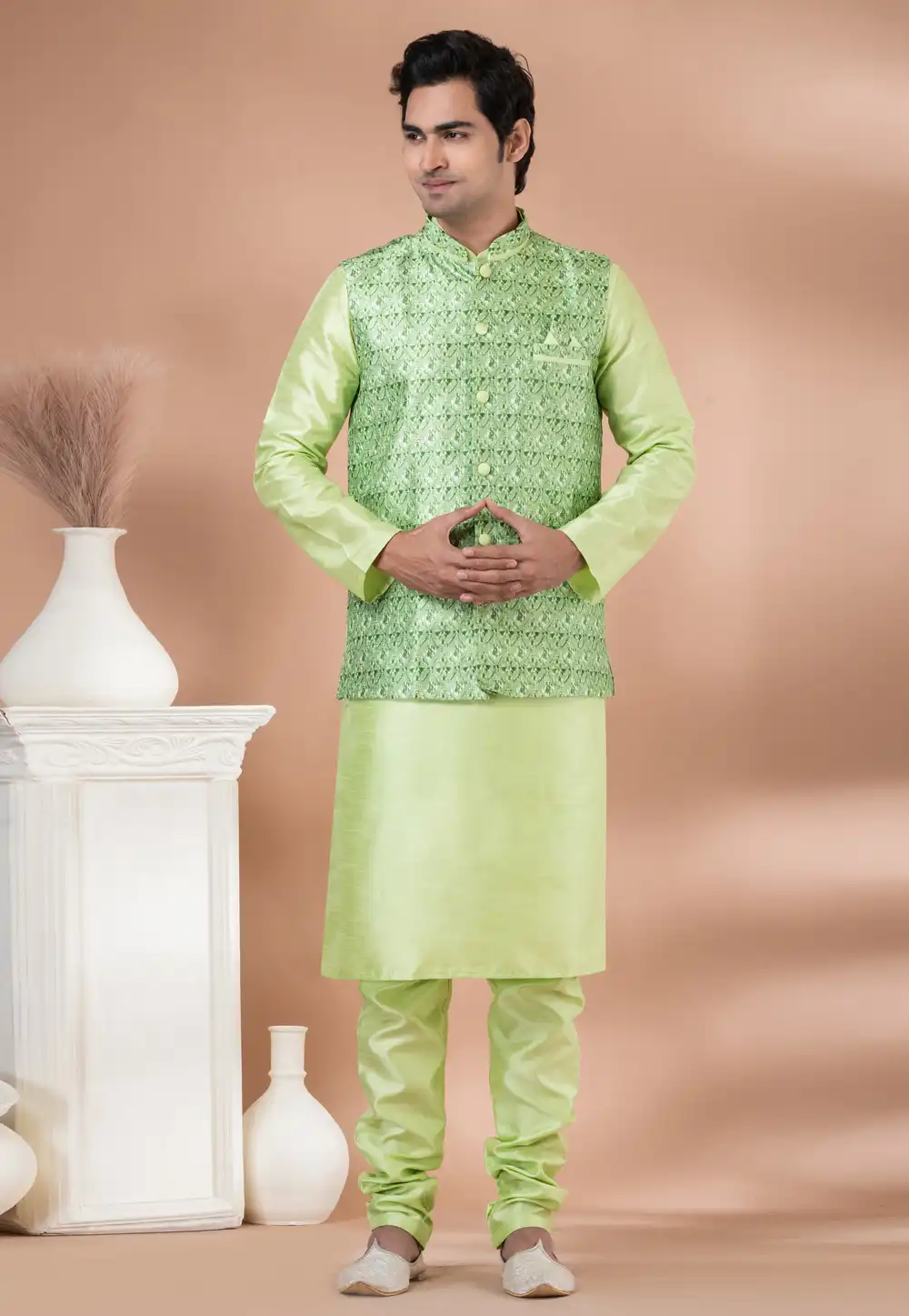 Pista Green Banarasi Silk Kurta Pajama With Jacket 288691