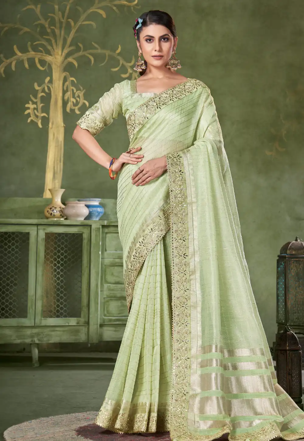 Pista Green Banarasi Silk Saree With Blouse 290678