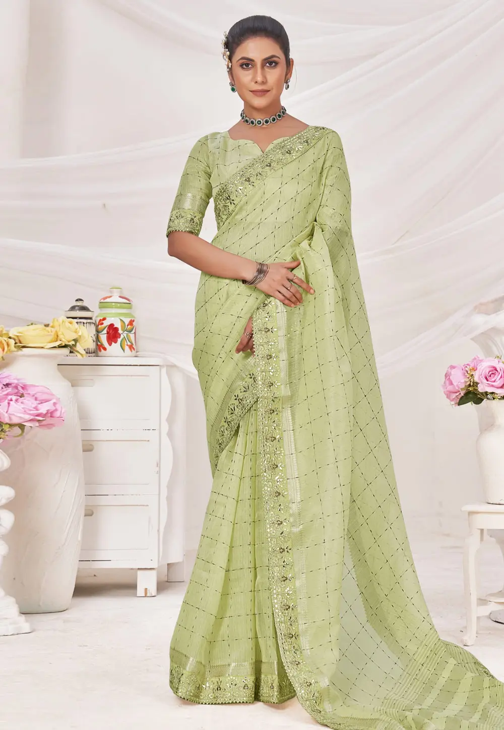 Pista Green Banarasi Silk Saree With Blouse 301723