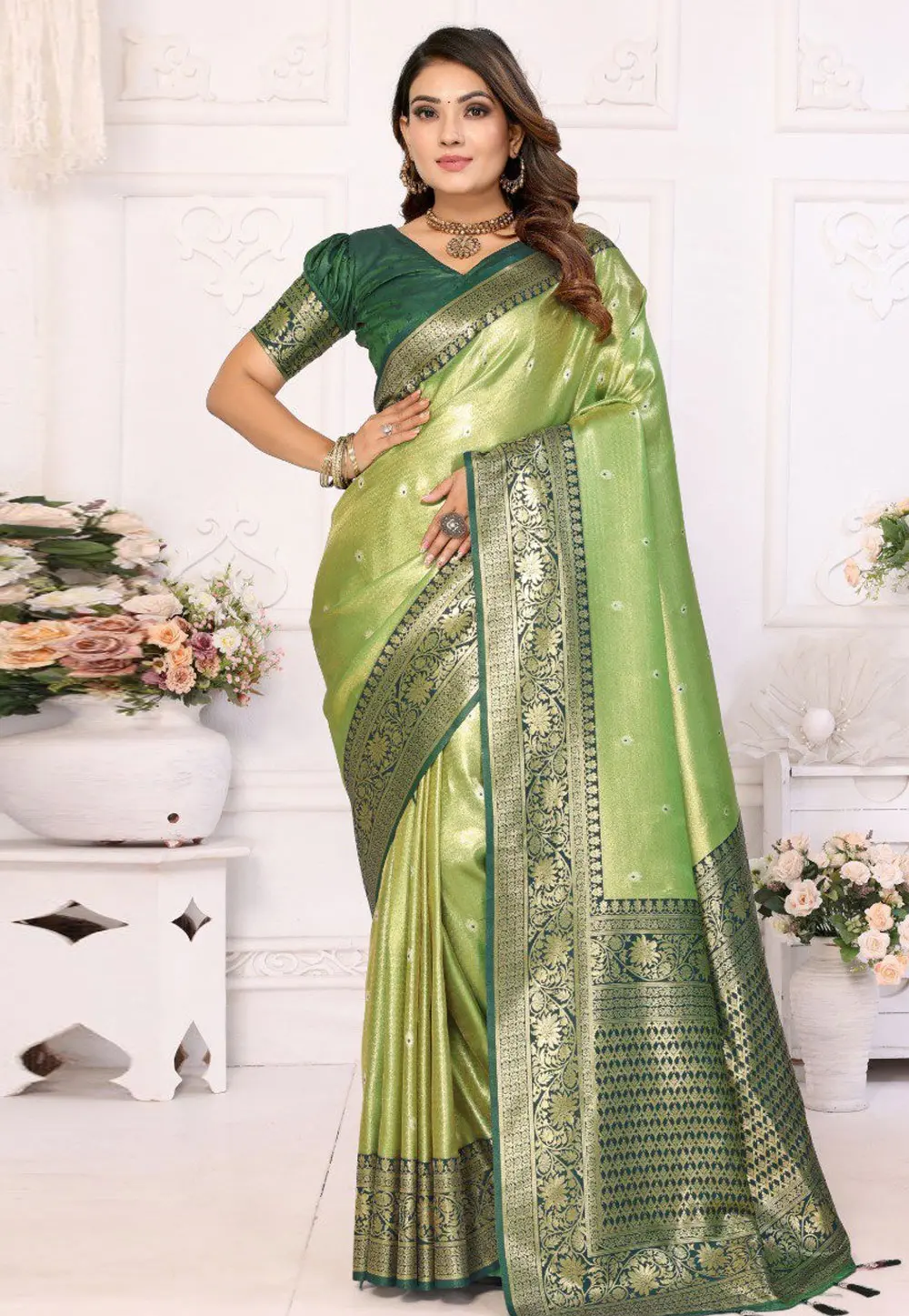 Pista Green Banarasi Silk Saree With Blouse 301215