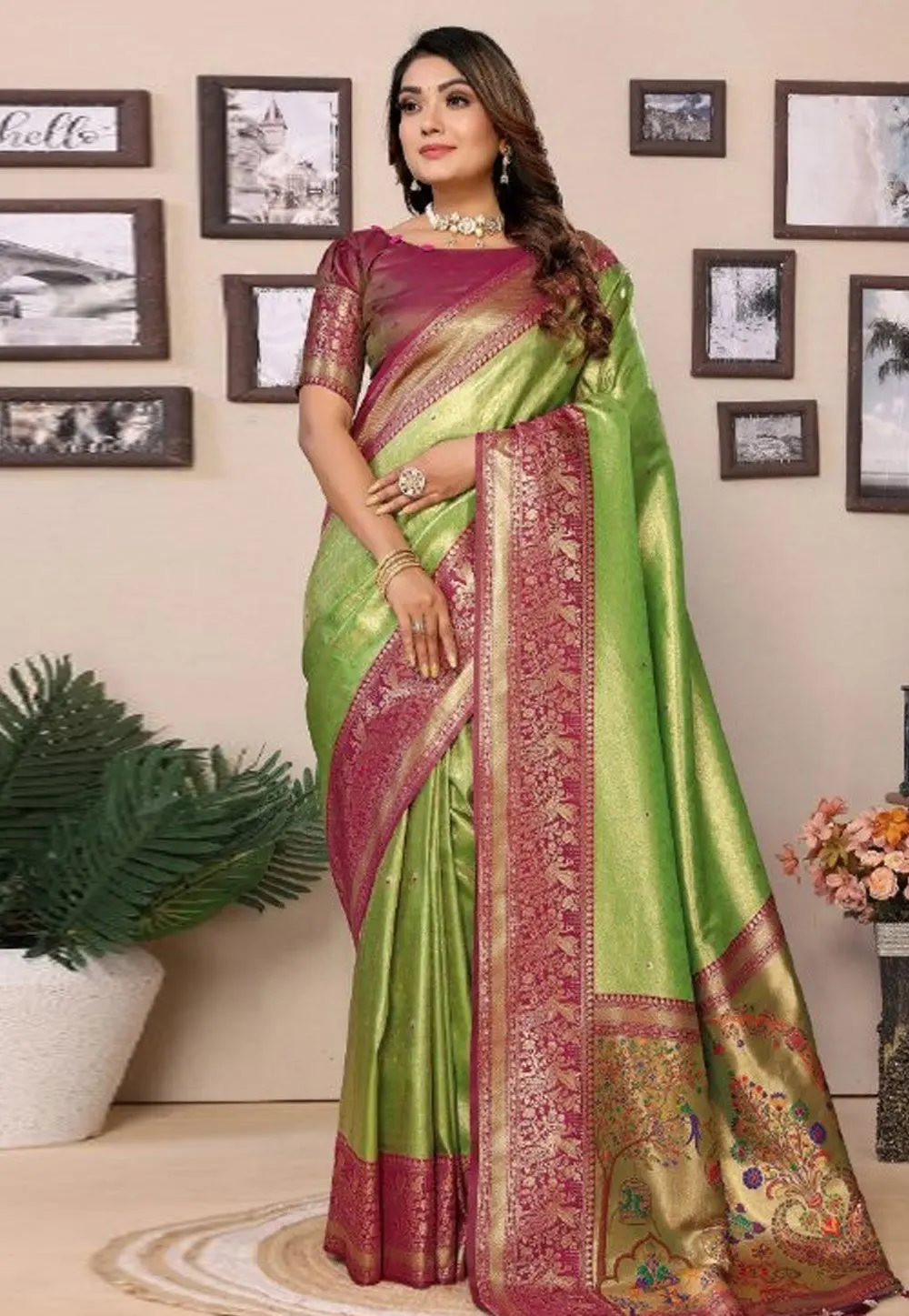 Pista Green Banarasi Silk Saree With Blouse 302636