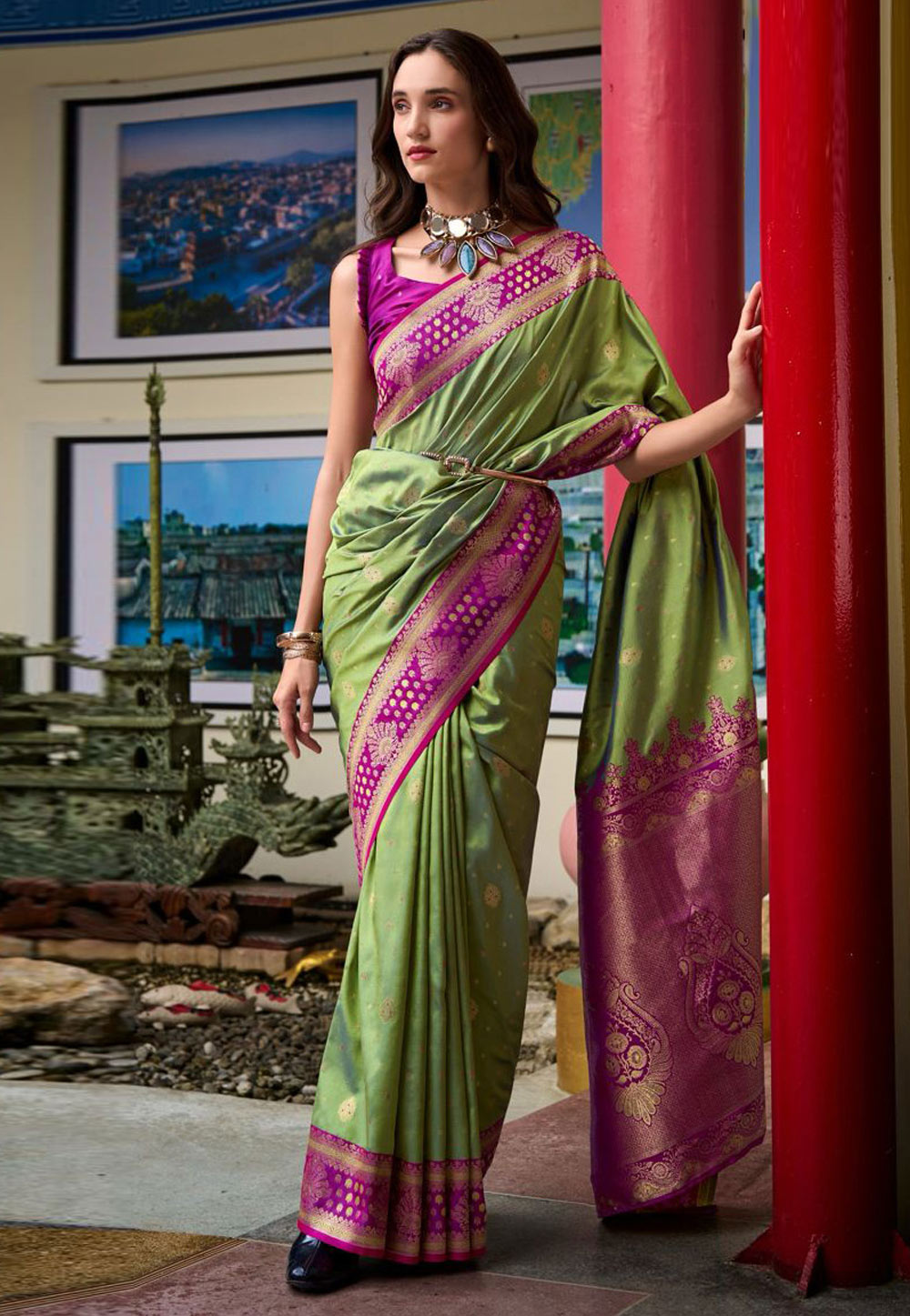 Pista Green Banarasi Silk Saree With Blouse 309829