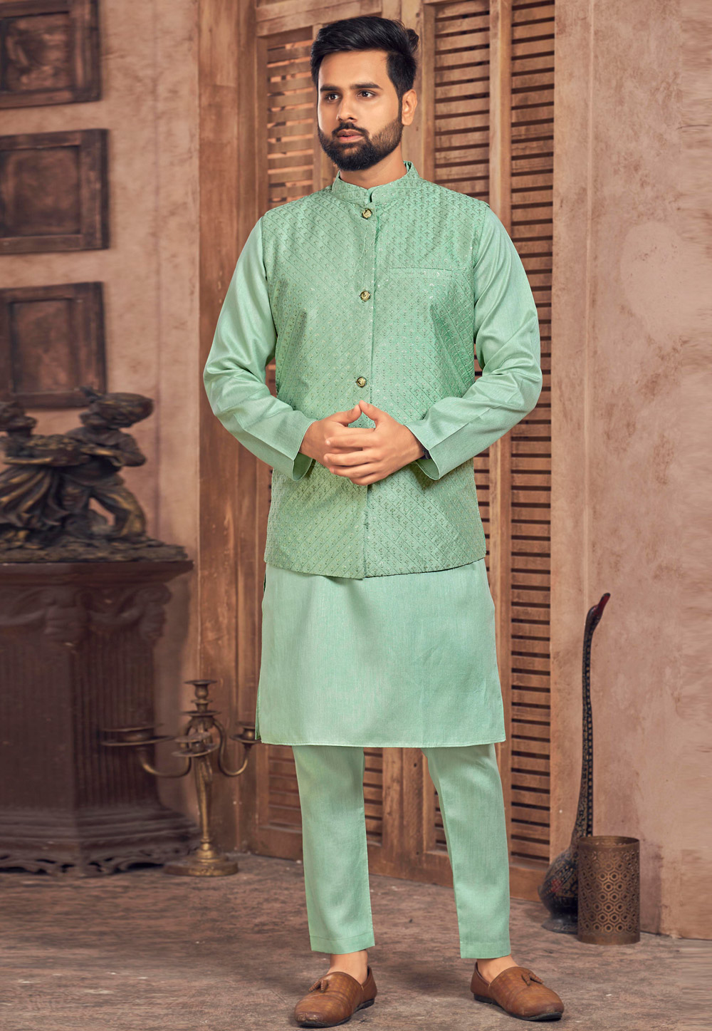 Pista Green Banglori Silk Kurta Pajama With Jacket 283870