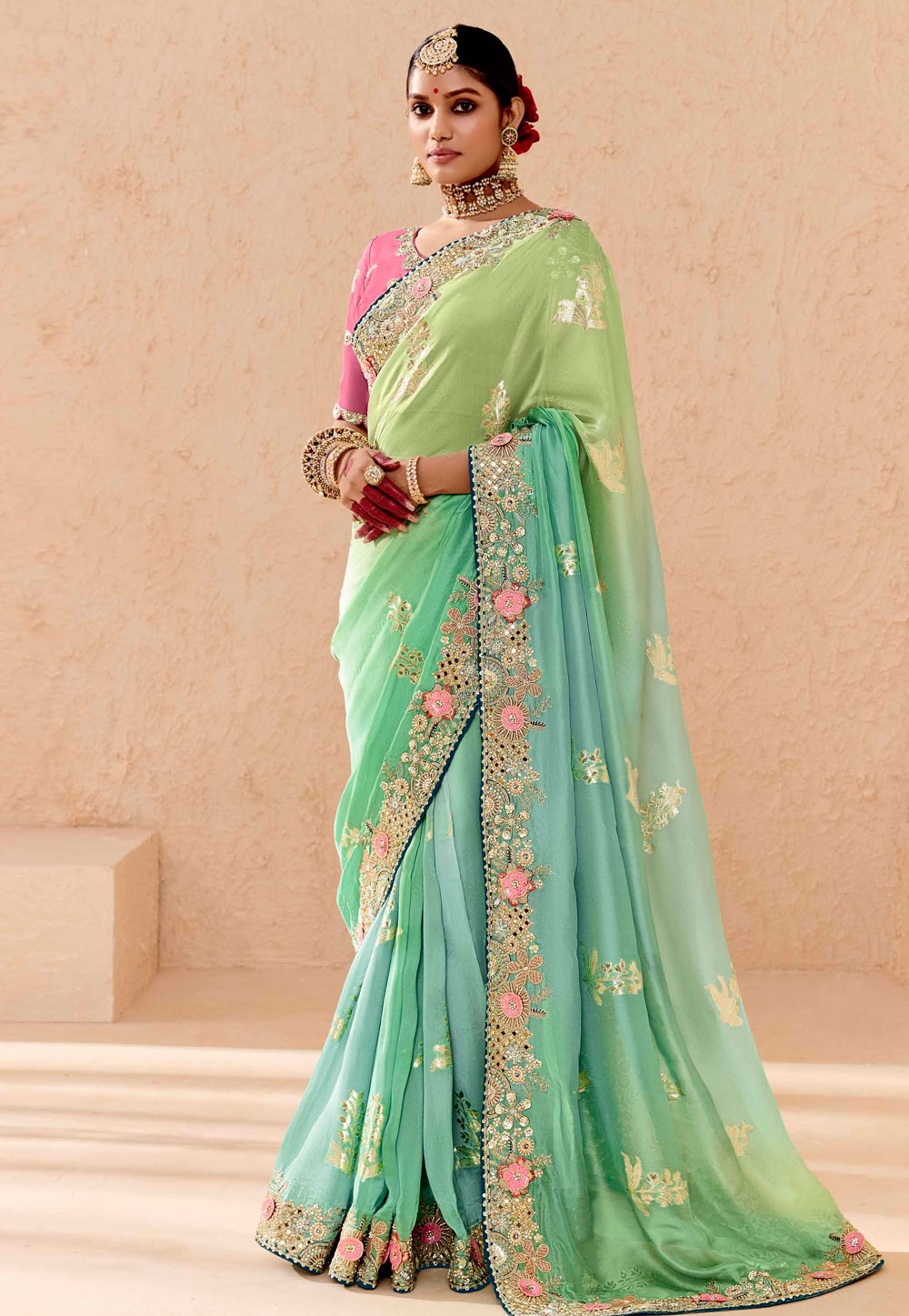 Pista Green Bemberg Saree With Blouse 305398