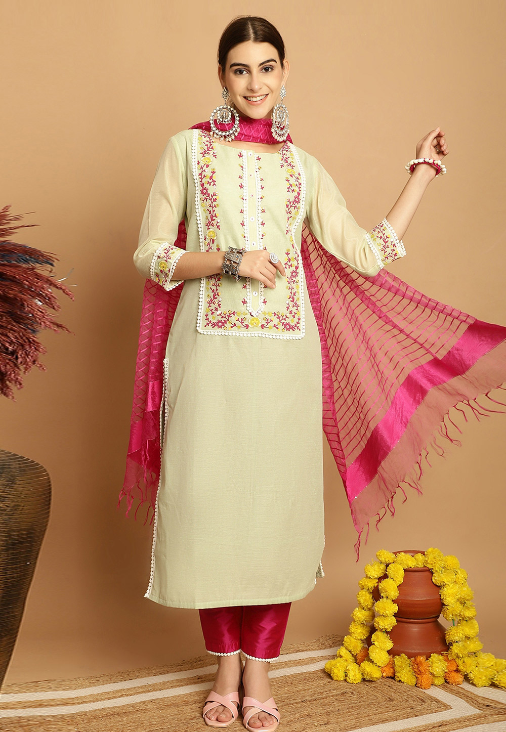 Pista Green Chanderi Readymade Pakistani Suit 280622