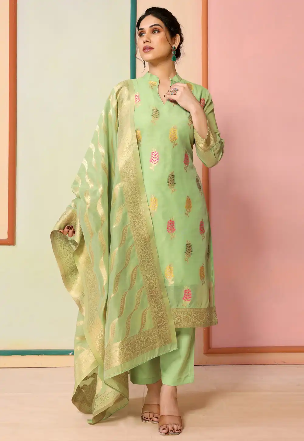 Pista Green Chanderi Readymade Pakistani Suit 291622