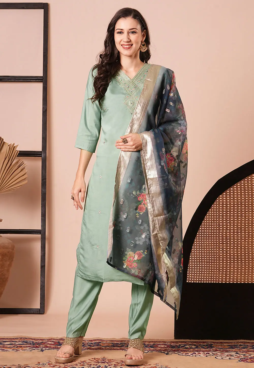 Pista Green Chanderi Readymade Pakistani Suit 299710