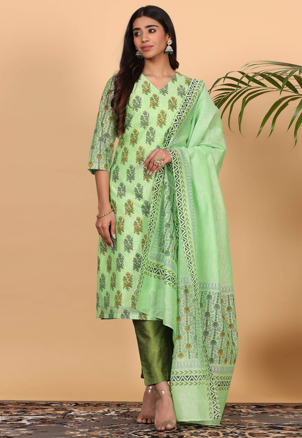 Pista Green Chanderi Readymade Pant Style Suit 305419