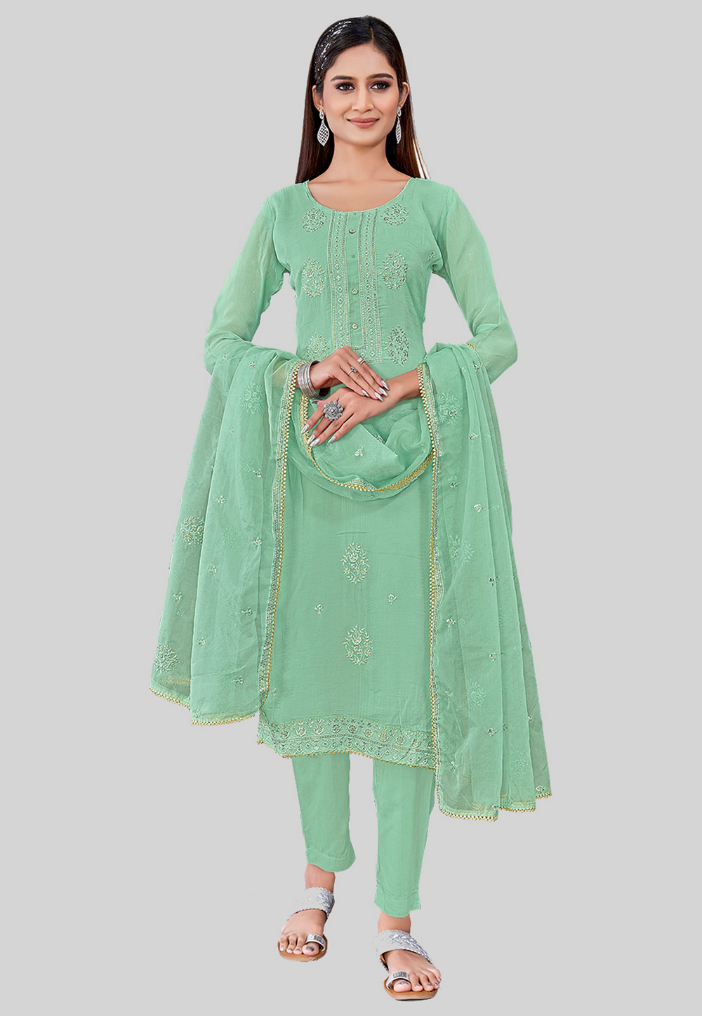 Pista Green Chanderi Silk Pakistani Suit 284587