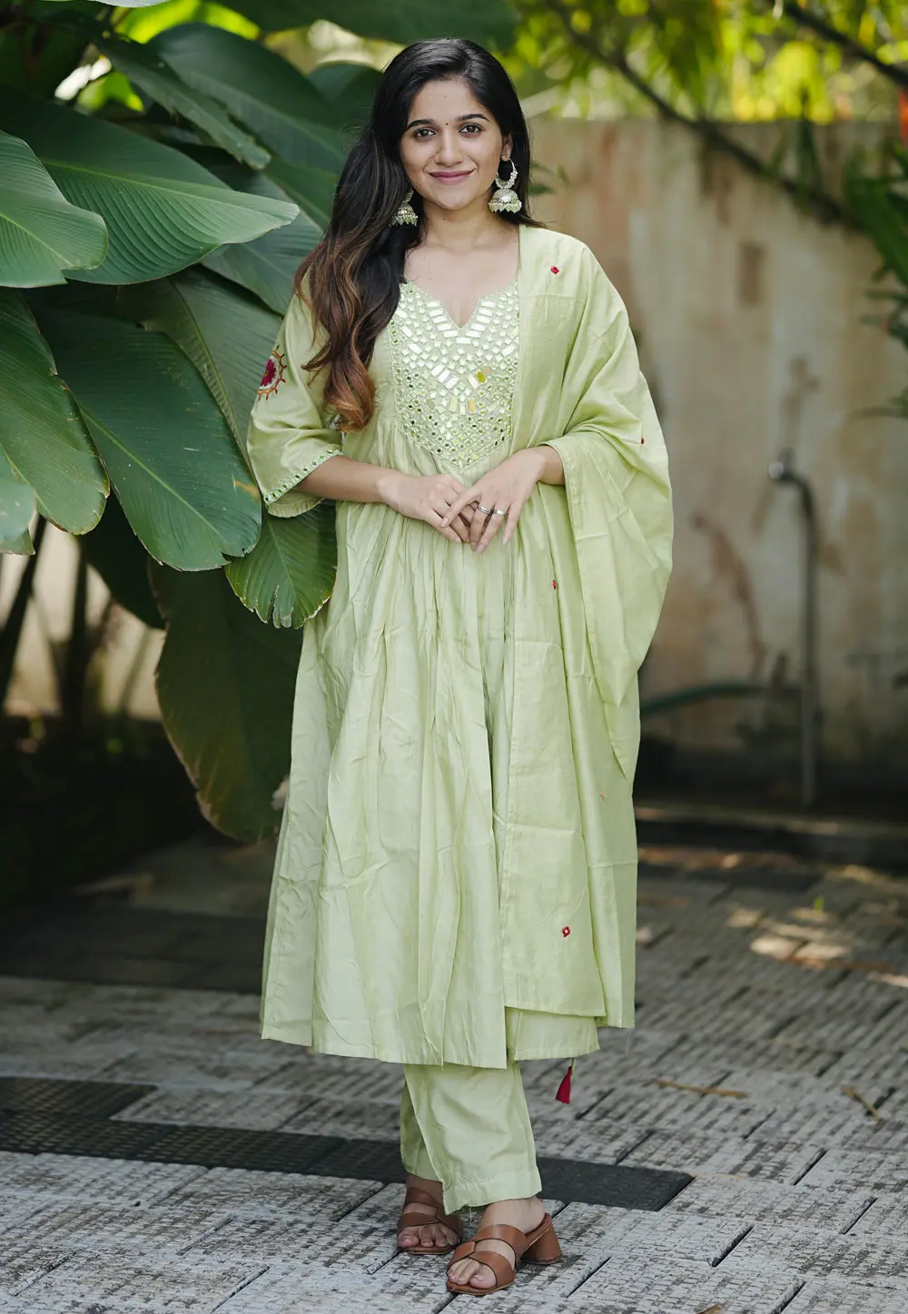 Pista Green Chanderi Silk Readymade Anarkali Suit 303186