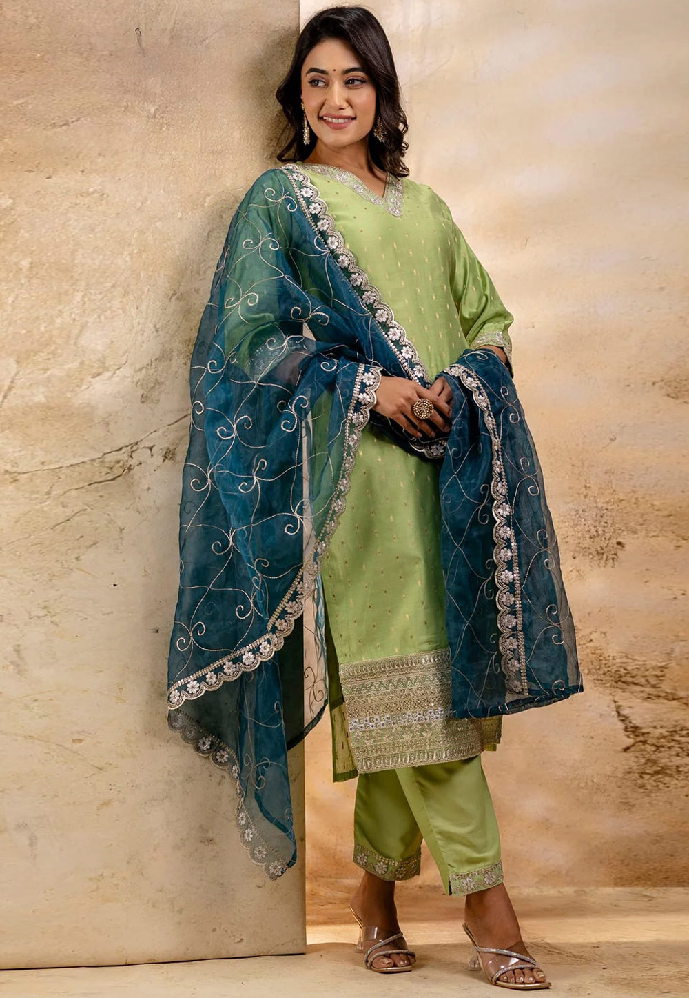 Pista Green Chanderi Silk Readymade Pant Style Suit 309858