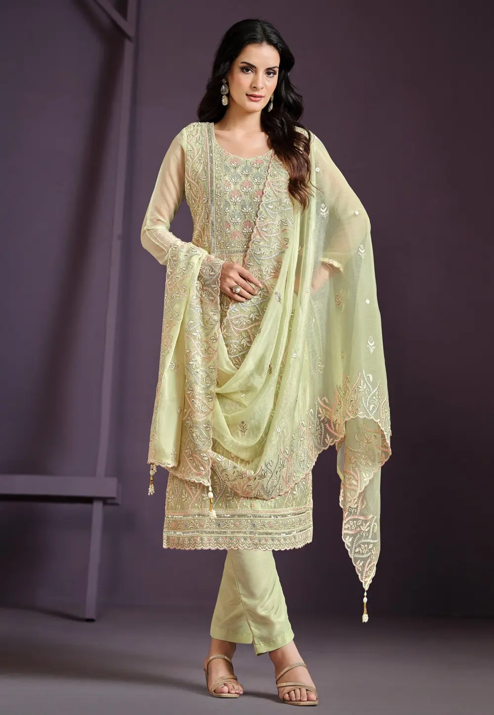 Pista Green Chiffon Embroidered Pakistani Suit 297957