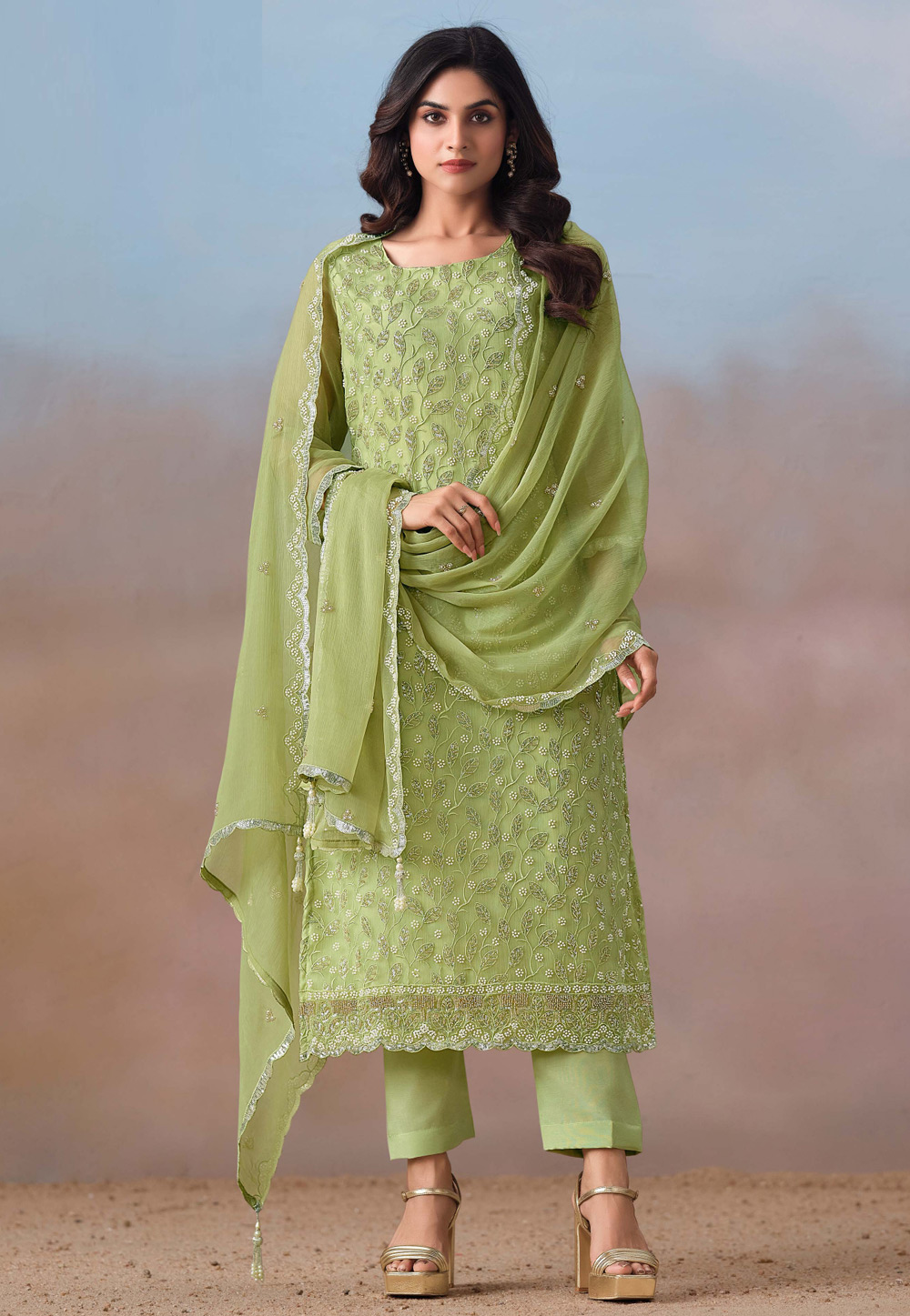 Pista Green Chiffon Embroidered Pakistani Suit 309326