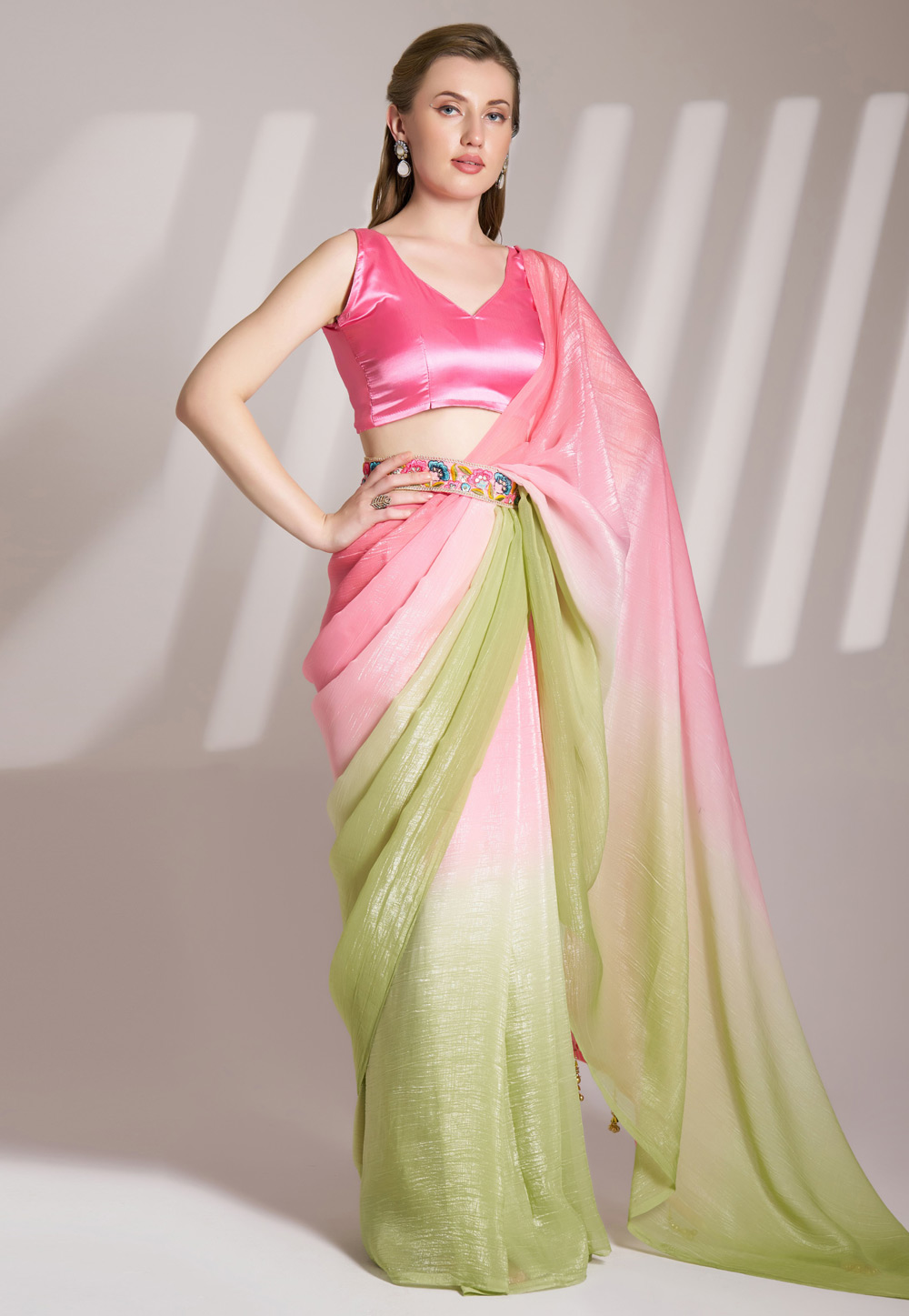 Pista Green Chiffon Half N Half Saree 305806