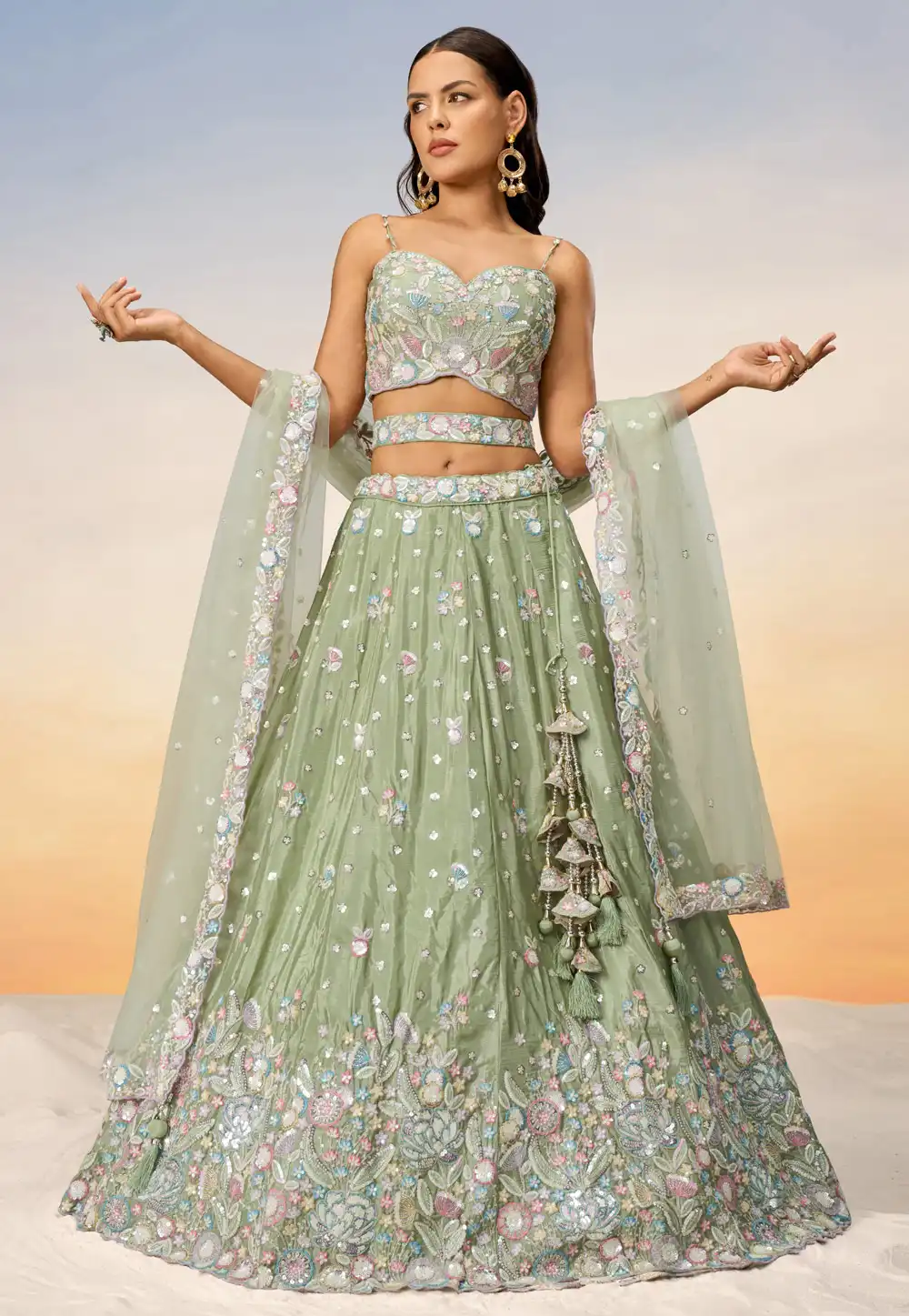 Pista Green Chiffon Lehenga Choli 288803