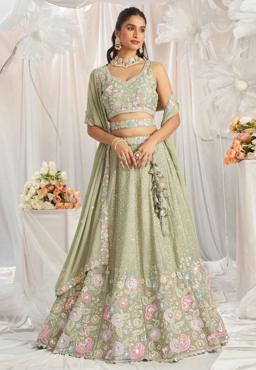 Pista Green Chiffon Lehenga Choli 297336