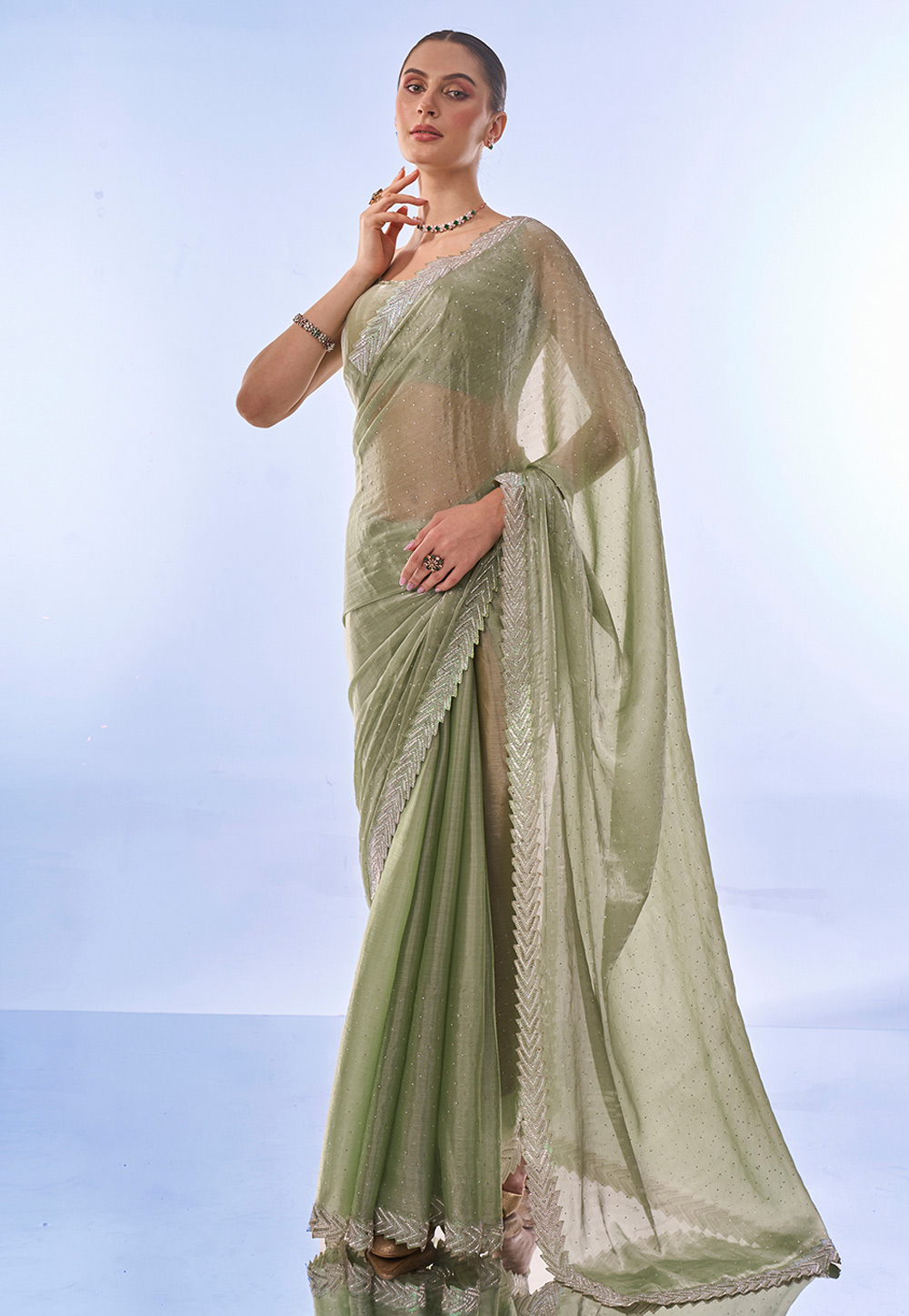 Pista Green Chiffon Saree With Blouse 287830