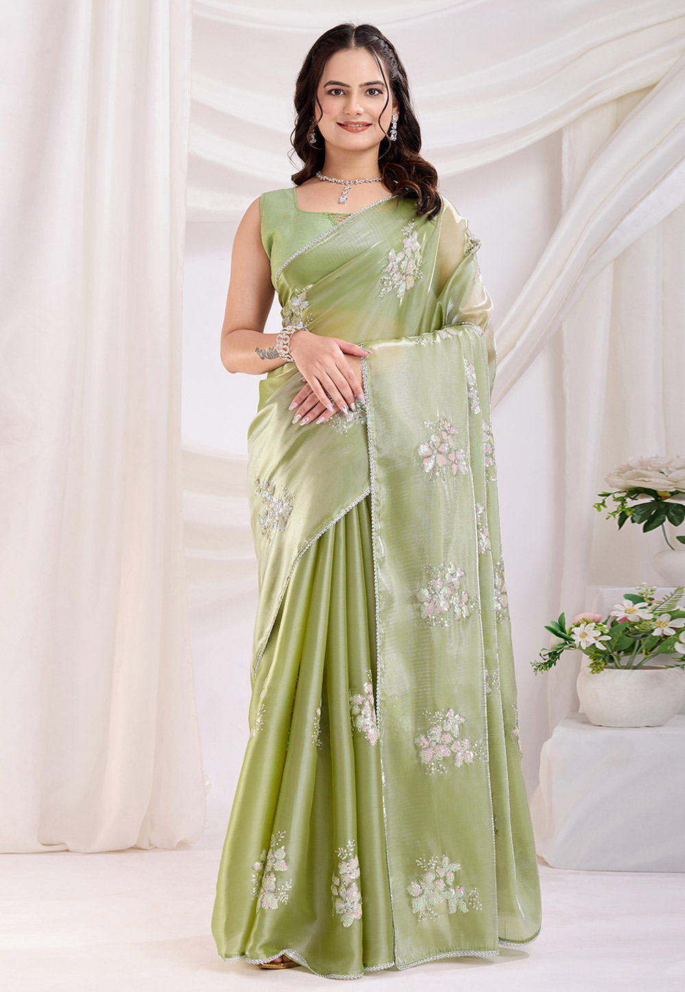 Pista Green Chiffon Saree With Blouse 305614